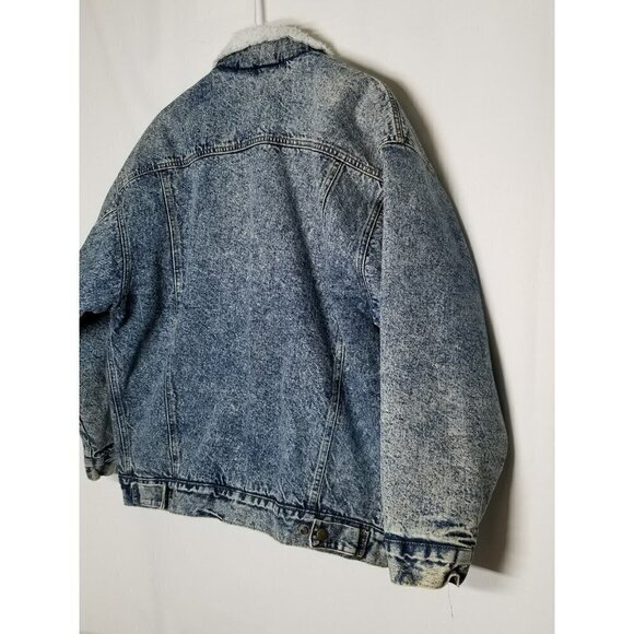 Brass Plum VINTAGE Jean Denim Chore Barn Jacket Acid Washed Sherpa Button Up M - Picture 14 of 16